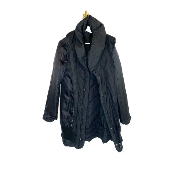 Minimalist | Tahari Down Mid-Length Black Puffer | Dramatic Collar Layering Sz M - Picture 12 of 12
